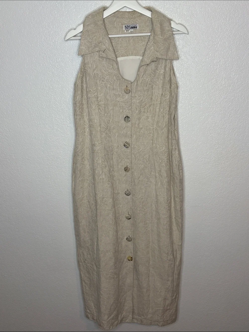Vintage NY Sake Tan Botanical Print Cotton Linen Button Down Midi Dress Size 14
